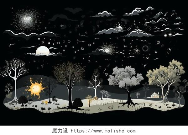 各种树木云彩的图标卡通AI插画